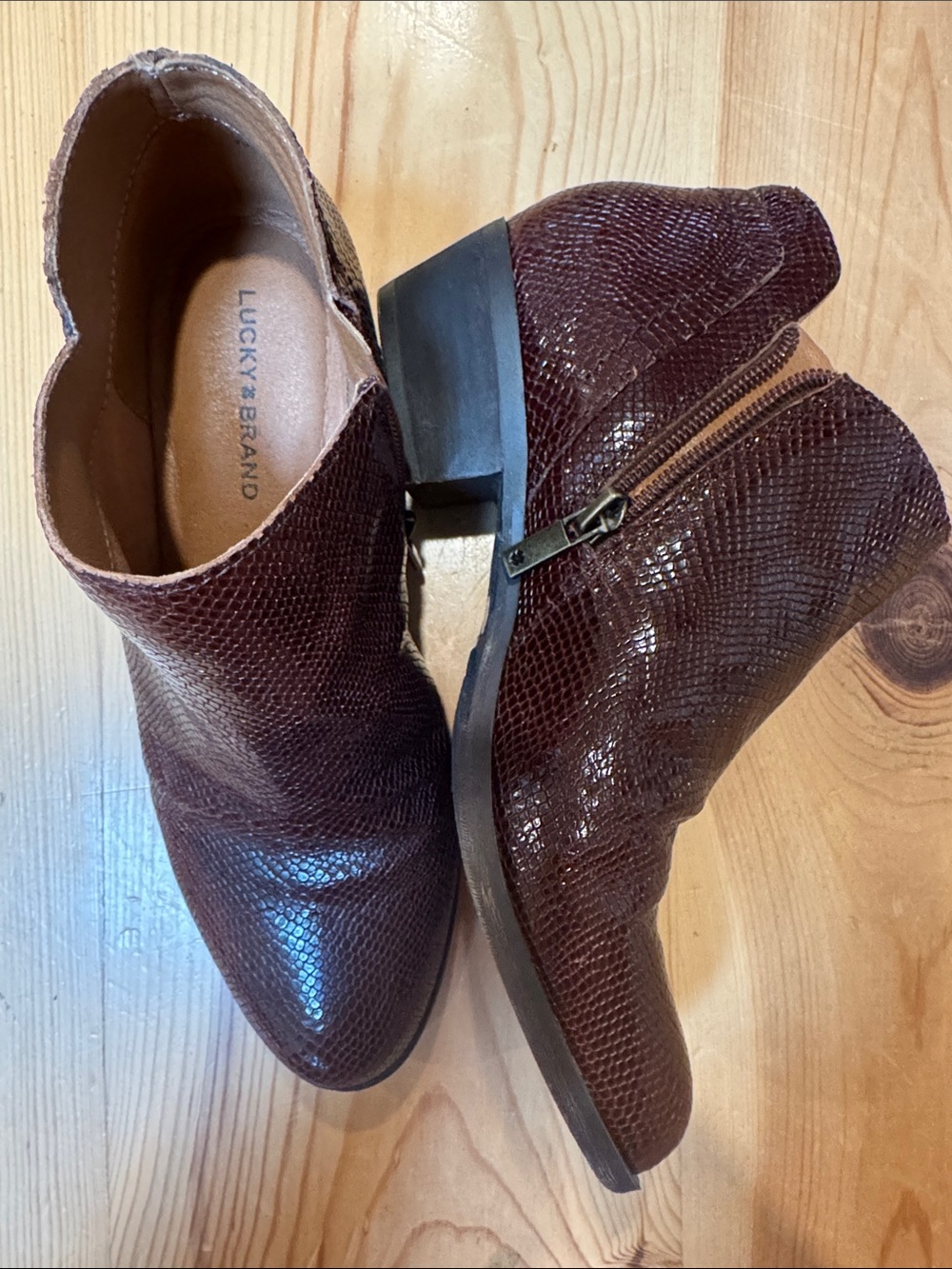 Lucky Brand Women's Dark Brown Embossed Ankle Booties with Side Zip